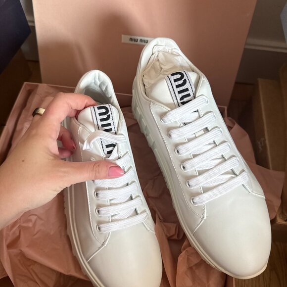 NWT Miu Miu Platform Low-top Sneakers White Leather Lace Up Sz 40 - Picture 7 of 10